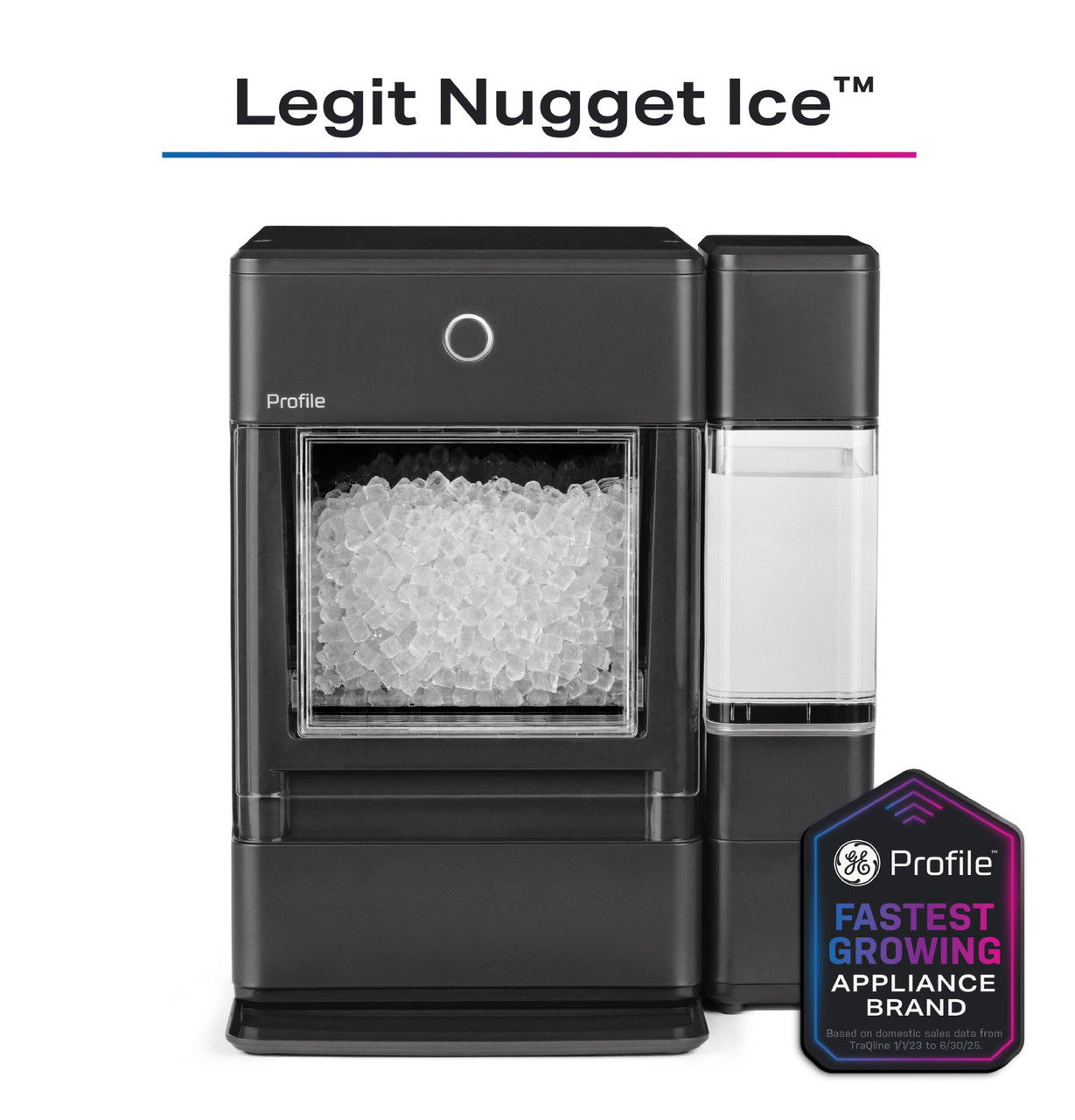 Black nugget ice maker with a water dispenser and branding details.