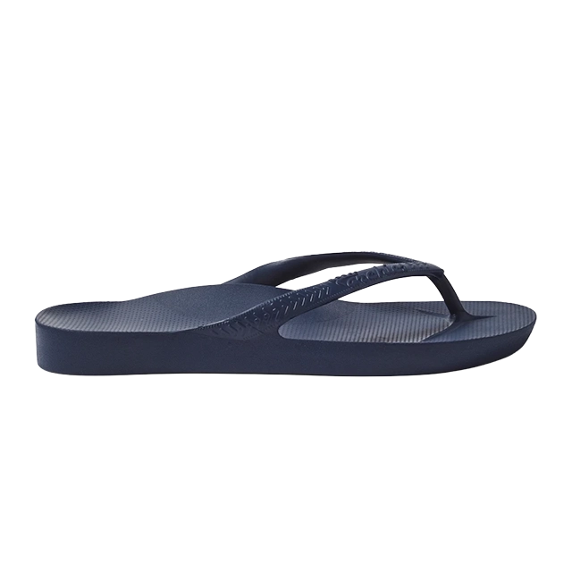 A navy blue flip-flop sandal viewed from the side.