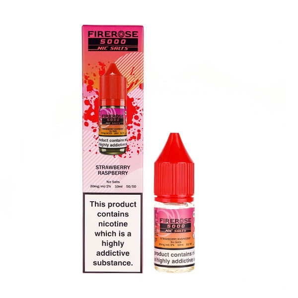Elux Firerose5000 Strawberry raspberry vape juice with warning label about nicotine addiction.