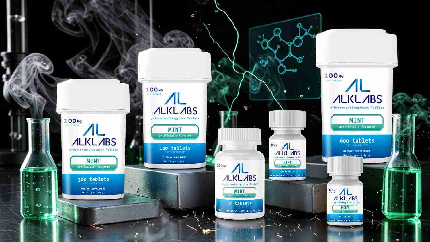 Various pharmaceutical products displayed with laboratory glassware and a molecular background.