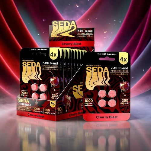 Boxes of SEDA Cherry Blast products on colorful background.