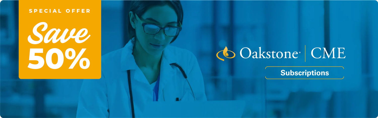 Doctor looking at laptop with Oakstone CME logo