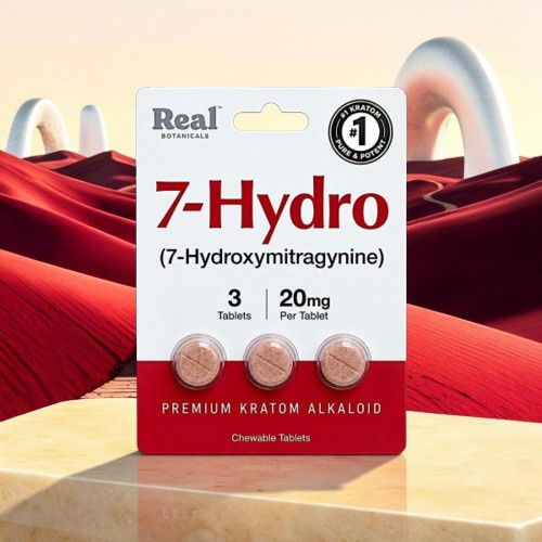 Packaging of 7-Hydro kratom tablets on a colorful background.