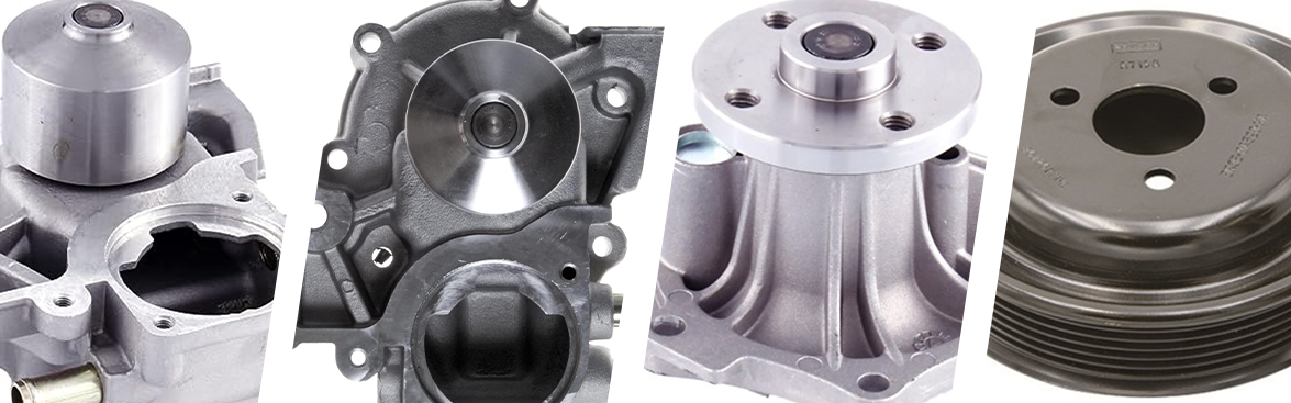 Photo collage of various water pumps and water pump pulleys for off-road vehicles.