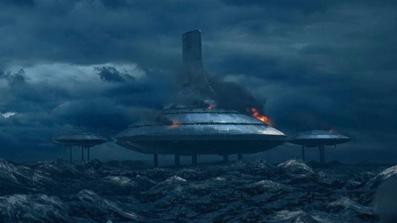 A futuristic spaceship hovering over turbulent waters under a stormy sky.