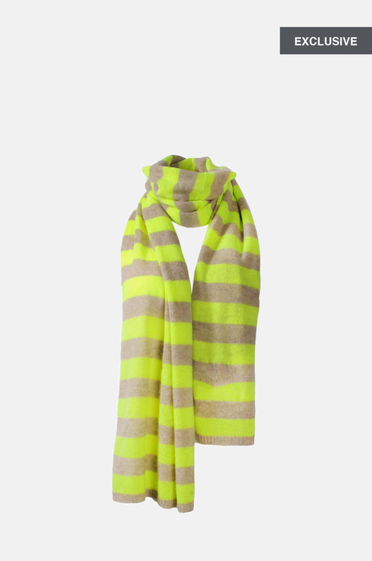 The exclusive Jumper 1234 x The Hambledon Lightweight Stripe Scarf in light brown and neon yellow.