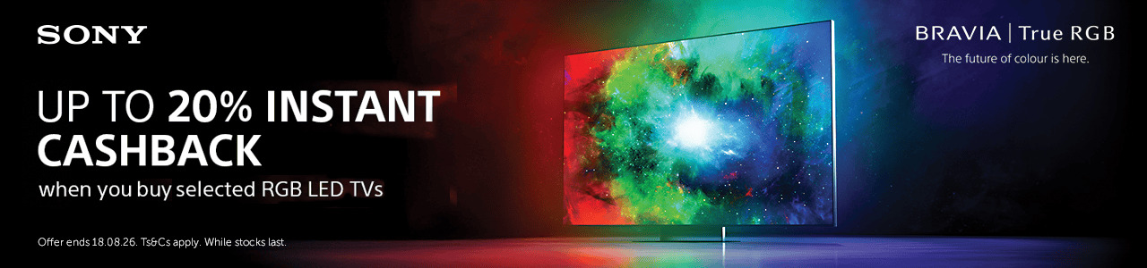 Sony cashback promotion banner with colorful graphics and text.