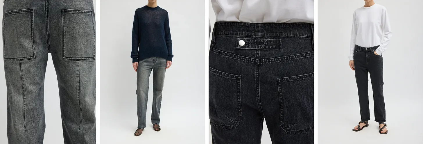 Various outfits featuring pants and tops on models.