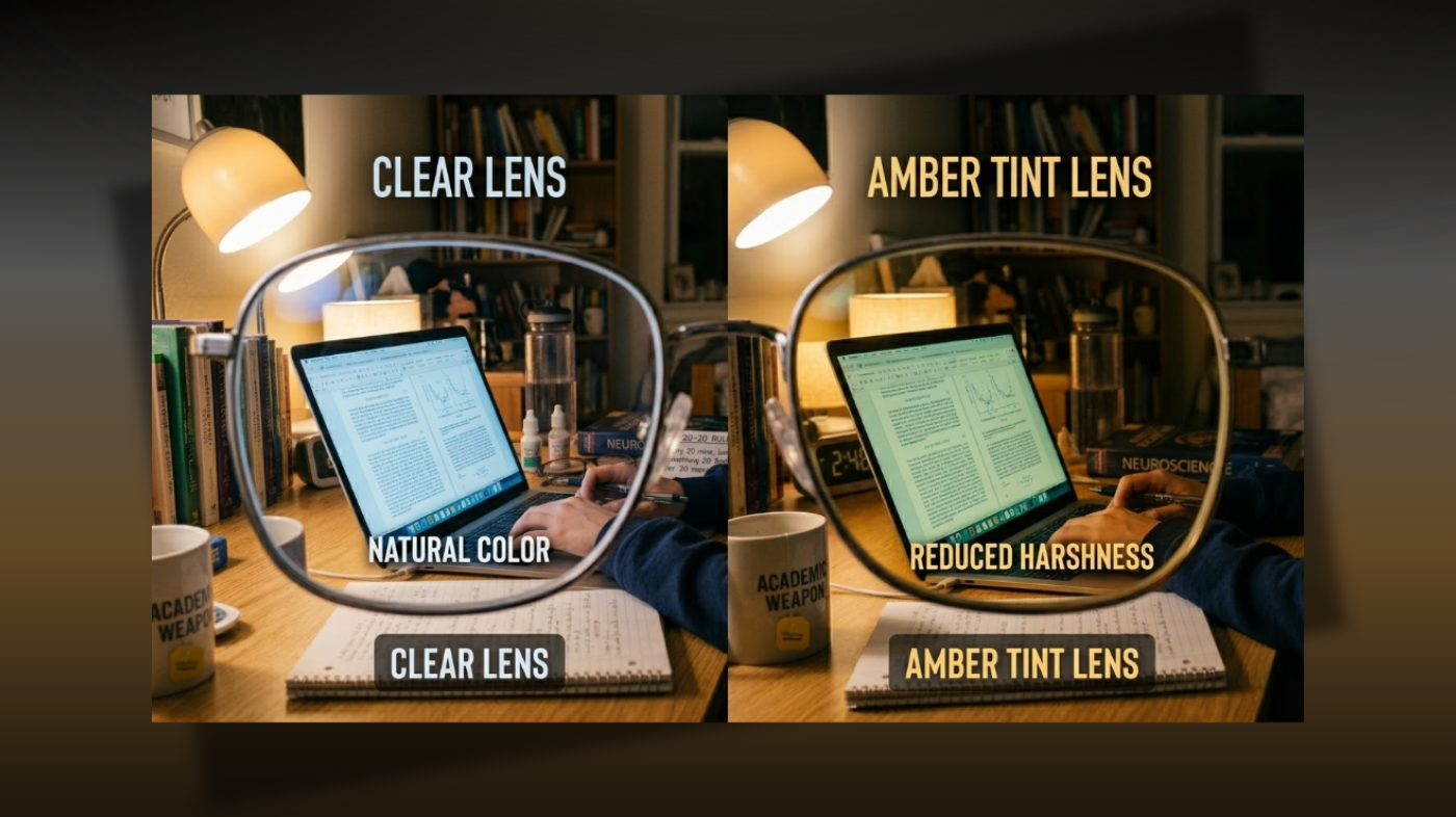 Choosing blue light glasses for studying with clear lenses for daytime use and amber tinted lenses for night-time screen protection
