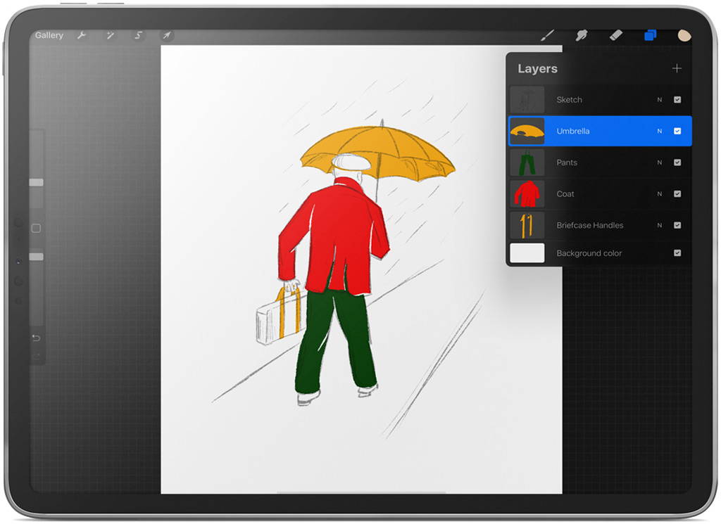 Adding yellow fill layer to umbrella in illustration in Procreate on an iPad