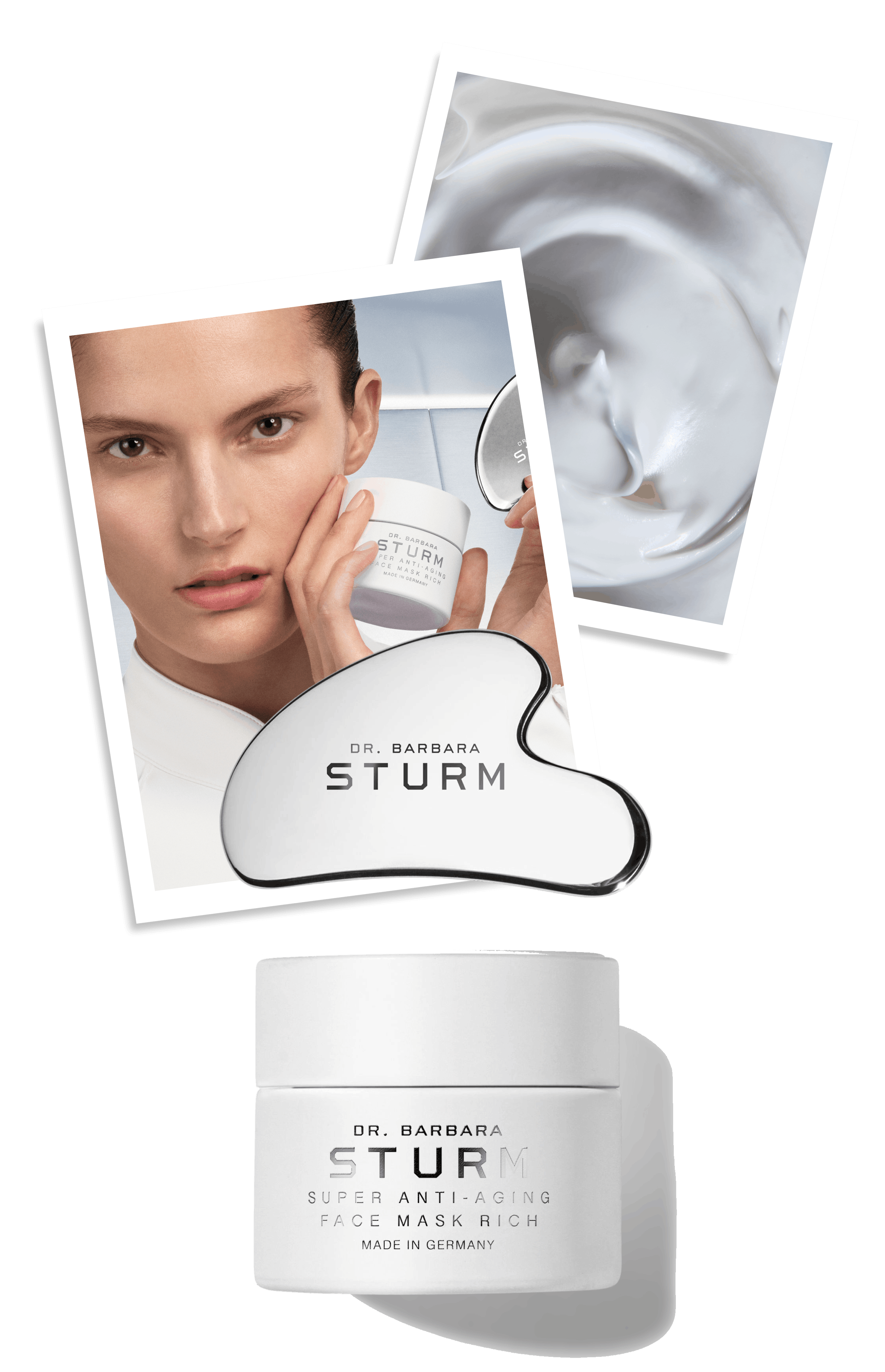 Dr. Barbara Sturm anti-aging cream with model and product images.