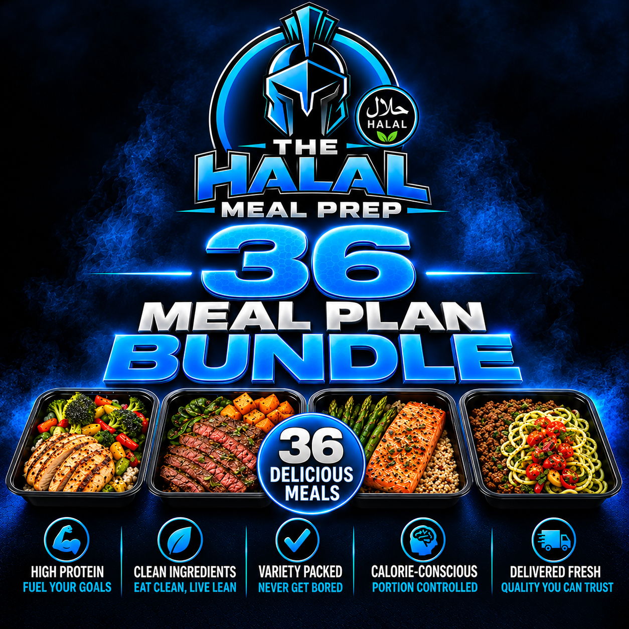 The Halal Meal Prep 36 Meal Plan Bundle featuring 36 delicious, high-protein halal meals. Fresh grilled chicken, steak, salmon, and healthy meal prep options with clean ingredients, balanced portions, and convenient halal meal delivery.
