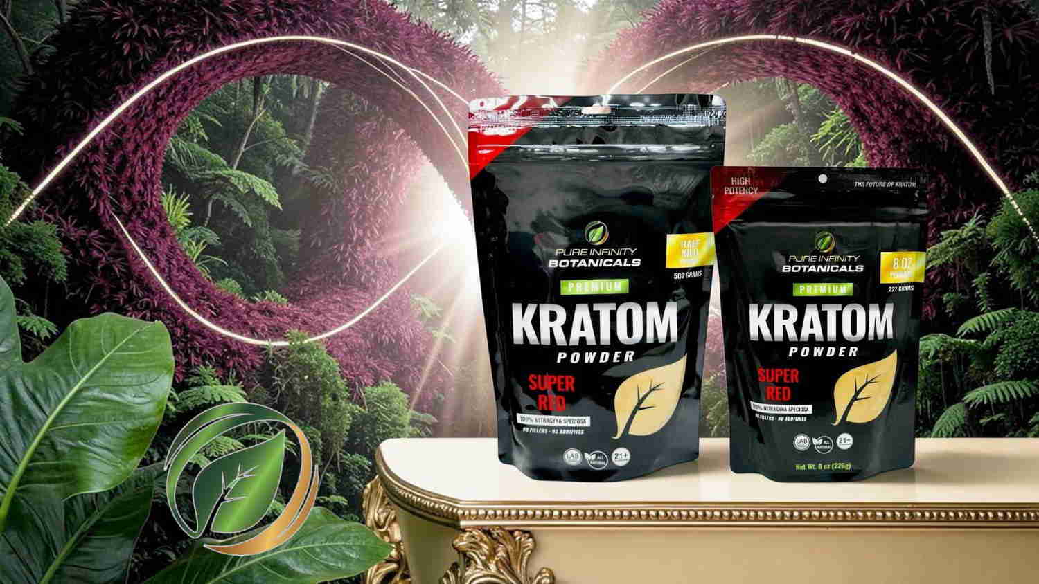 Two bags of kratom products against a vibrant jungle background.