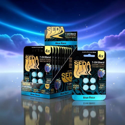 Three packages of SEDA products against a colorful background.