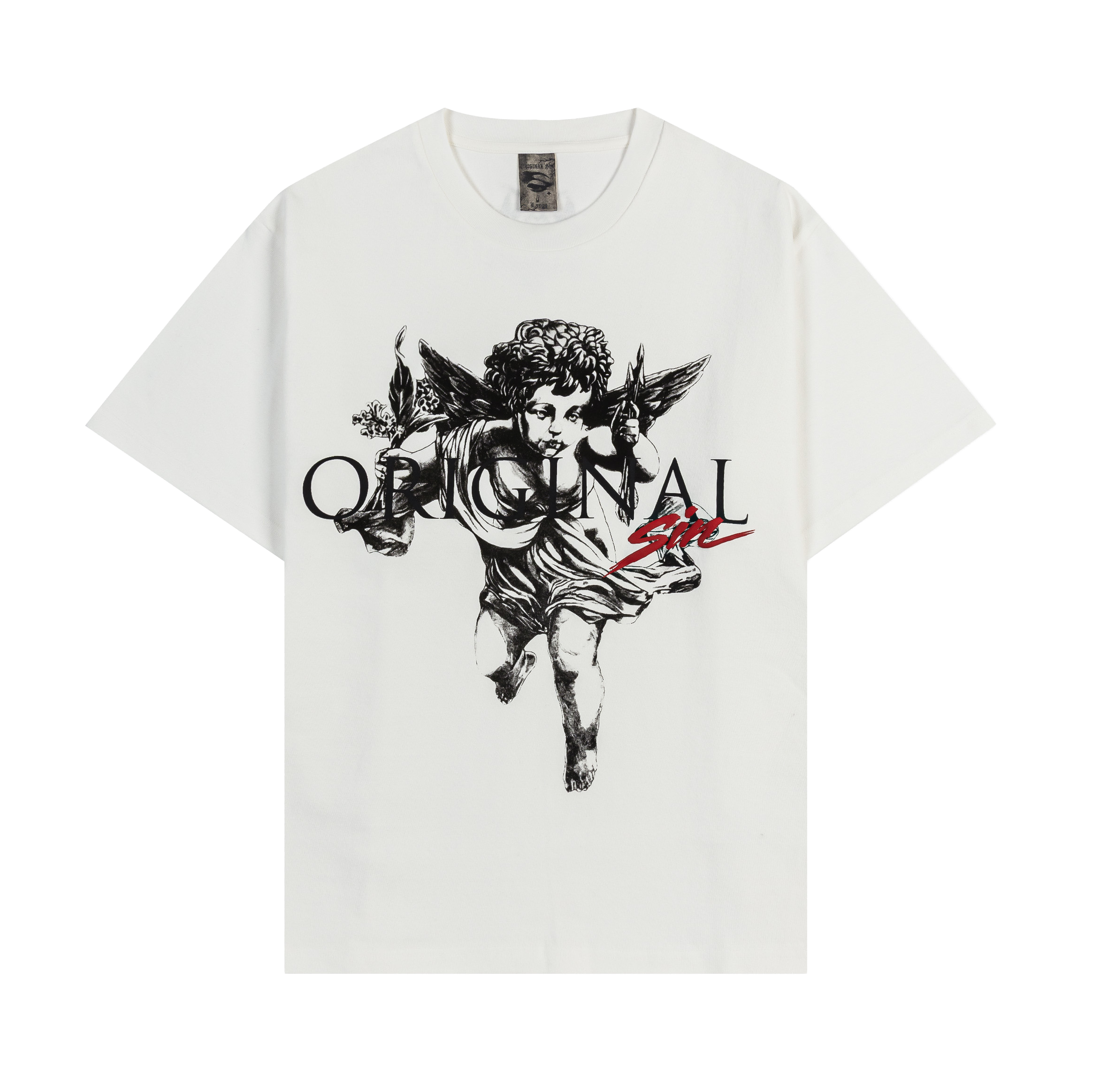 White t-shirt featuring an angel graphic and 