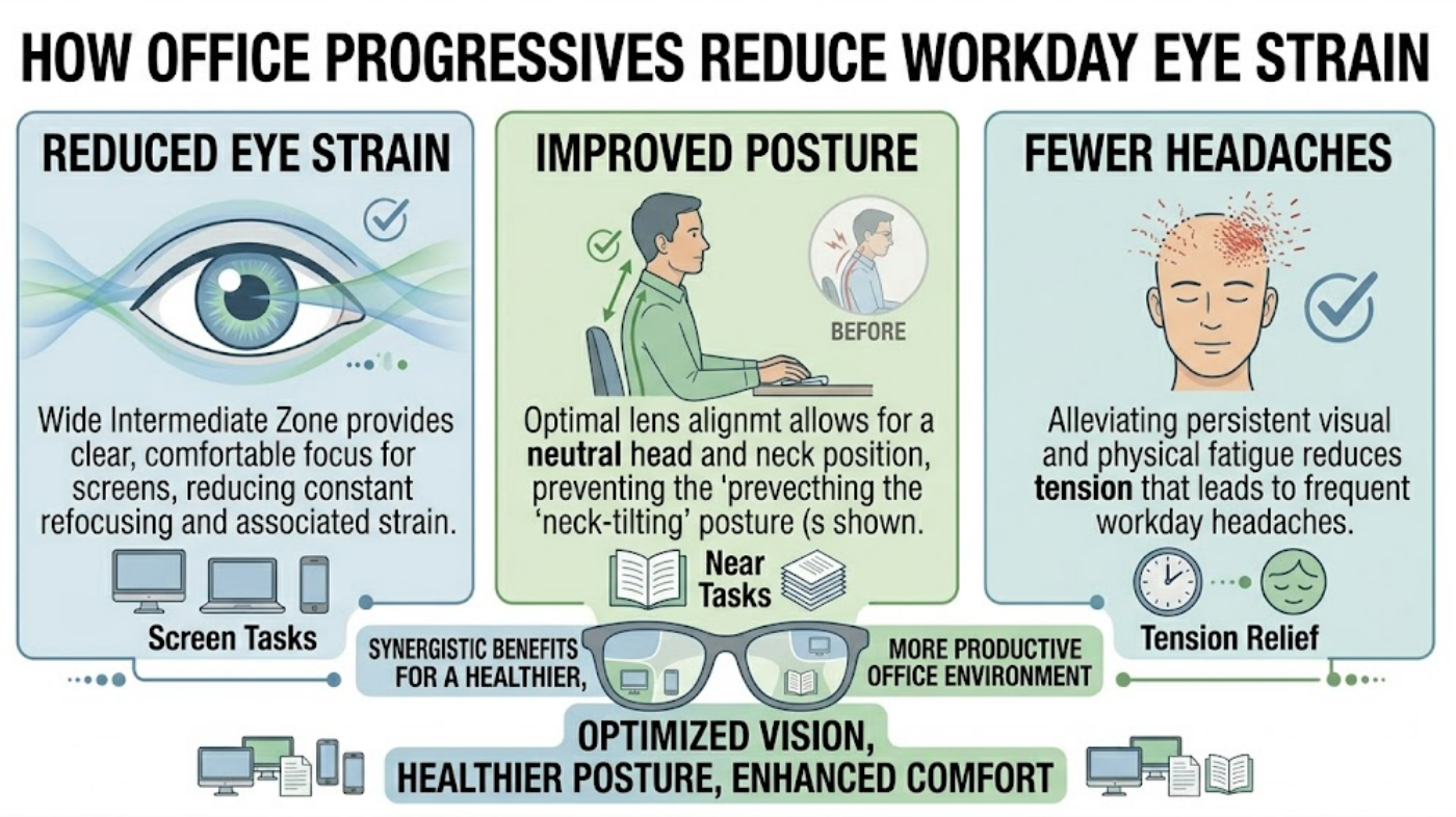 Infographic explaining how office progressive lenses reduce eye strain, improve posture, and lower headache frequency during office work.