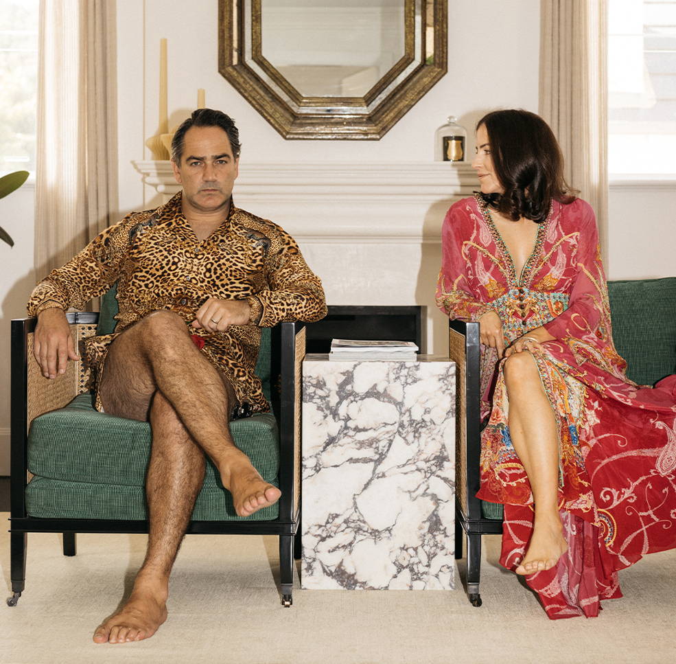 Mike 'Wippa' Wipfli + Lisa Robertson wearing CAMILLA leopard print shirt, CAMILLA pink dress