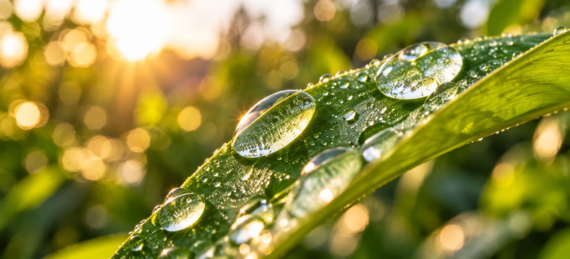Close-up of a leaf with water droplets, illuminated by sunlight.