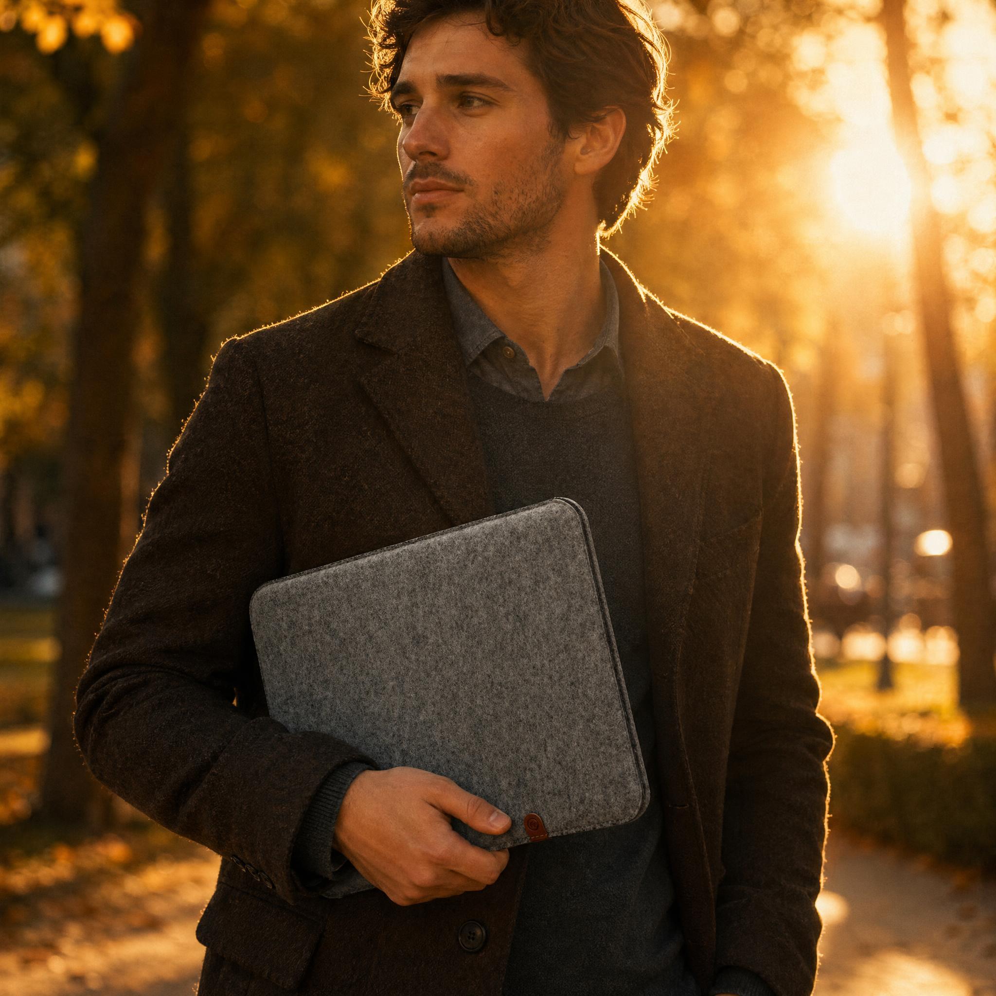 Ein mann hält eine Macbook Neo Filz Hülle unter dem Arm