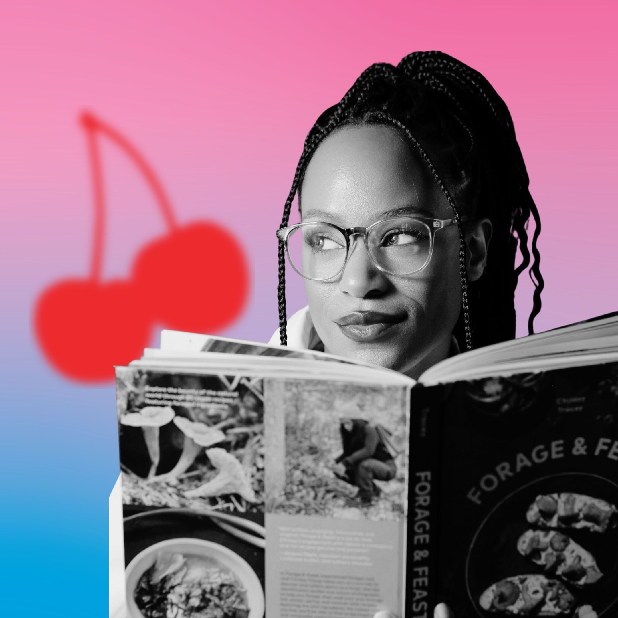 Person reading a book, with a colorful background and cherry graphic.