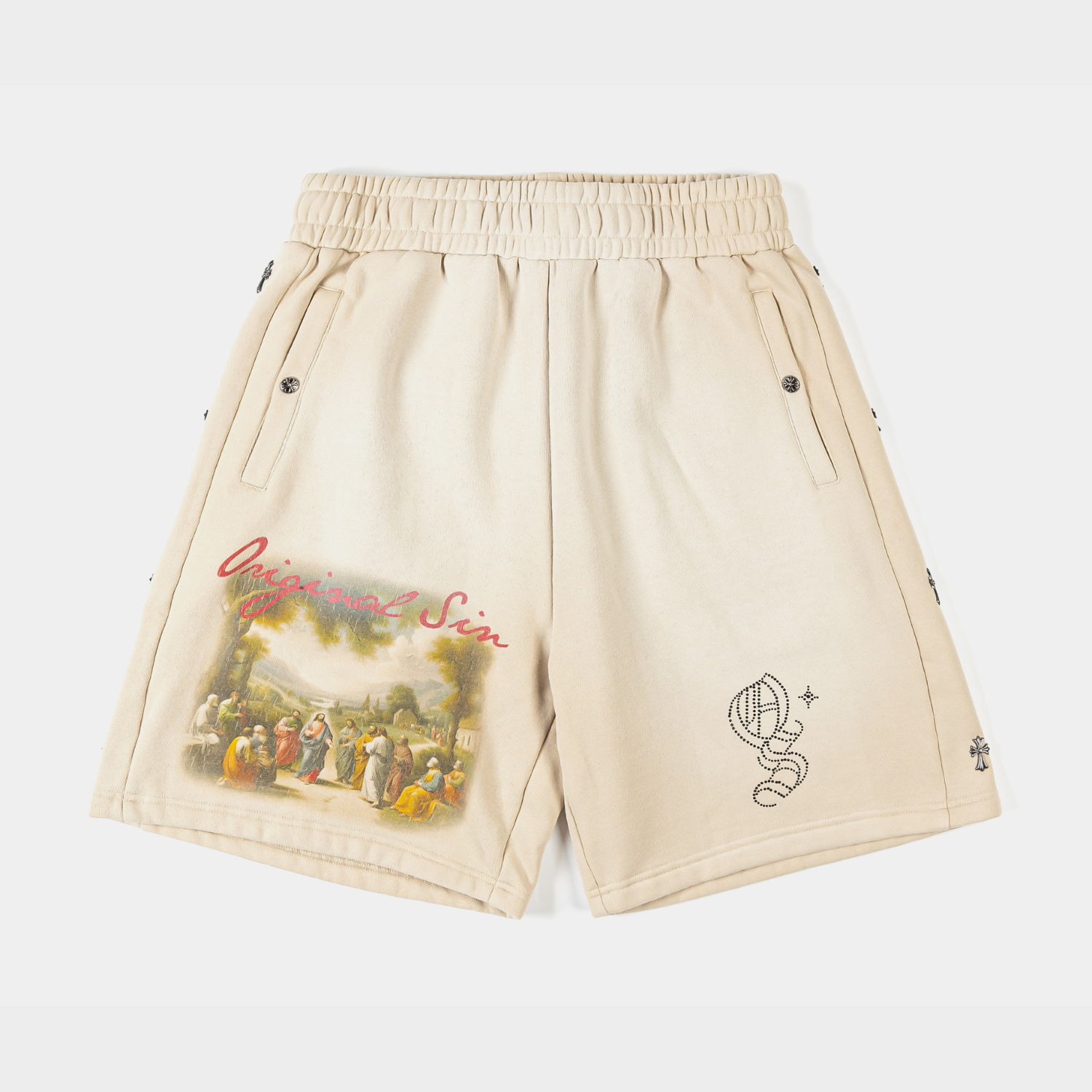 Beige shorts with a colorful graphic and embroidered design.