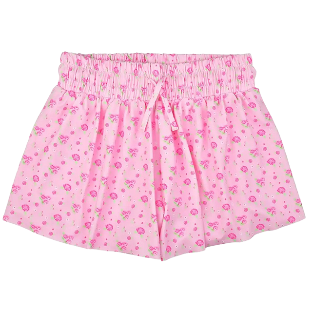 Pink floral shorts with an elastic waistband.