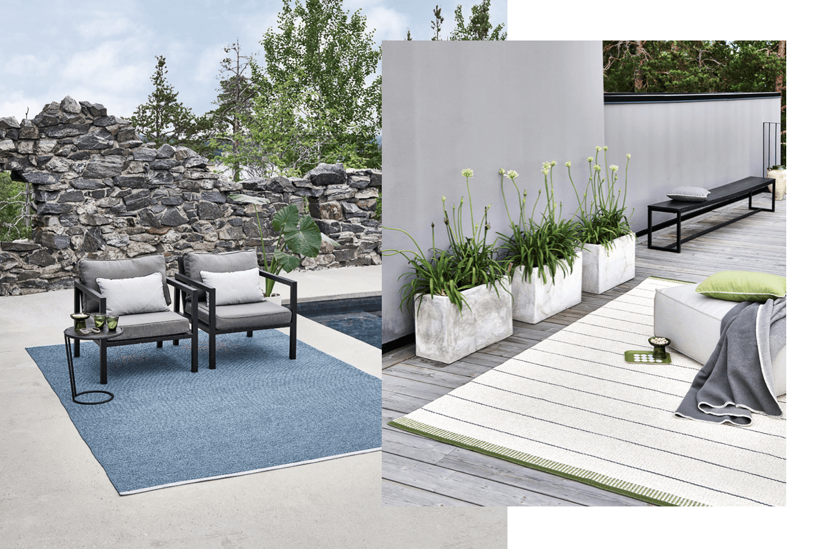 Two modern patio scenes featuring outdoor rugs, including a blue rug under black lounge chairs by a pool and a neutral striped rug on a wood deck with planters and bench seating.