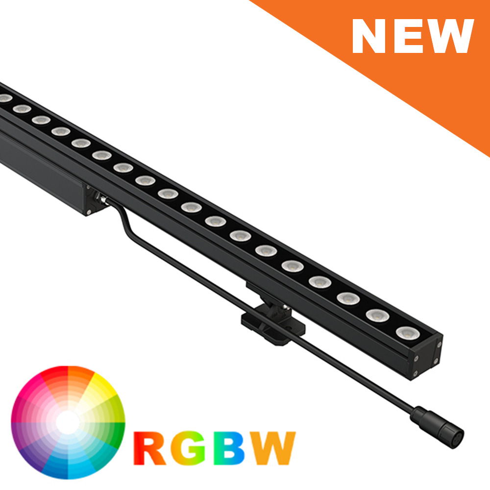 LED Wall Washer W38A Series RGBW 24VDC architectural lighting fixture with black aluminum housing and adjustable color lighting capabilities.