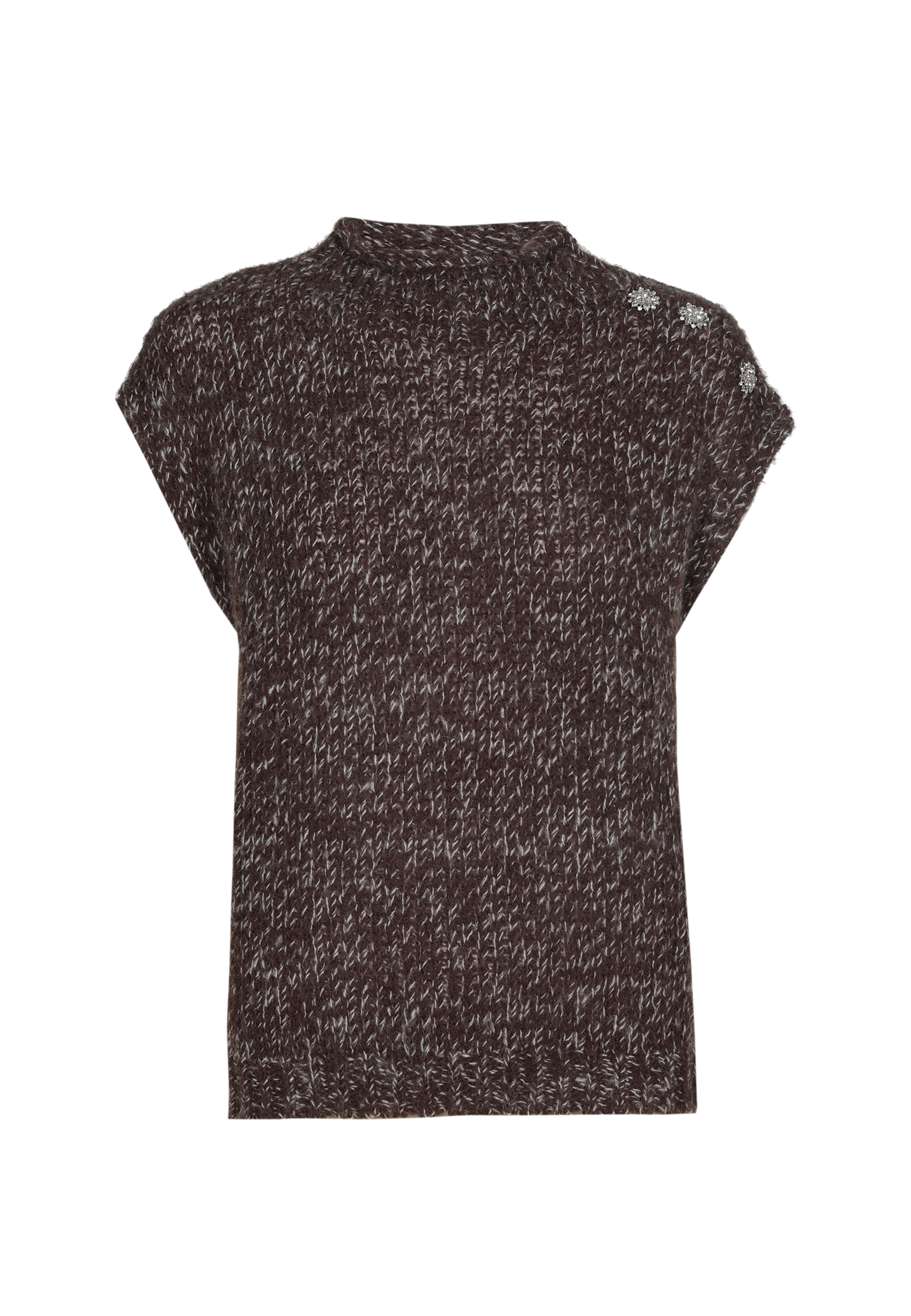 Brown knitted sweater with short sleeves and a high neckline.