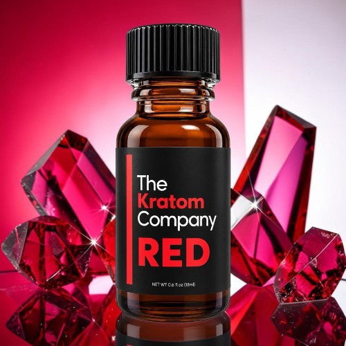 Bottle of Kratom Company RED surrounded by red crystals on a colorful background.