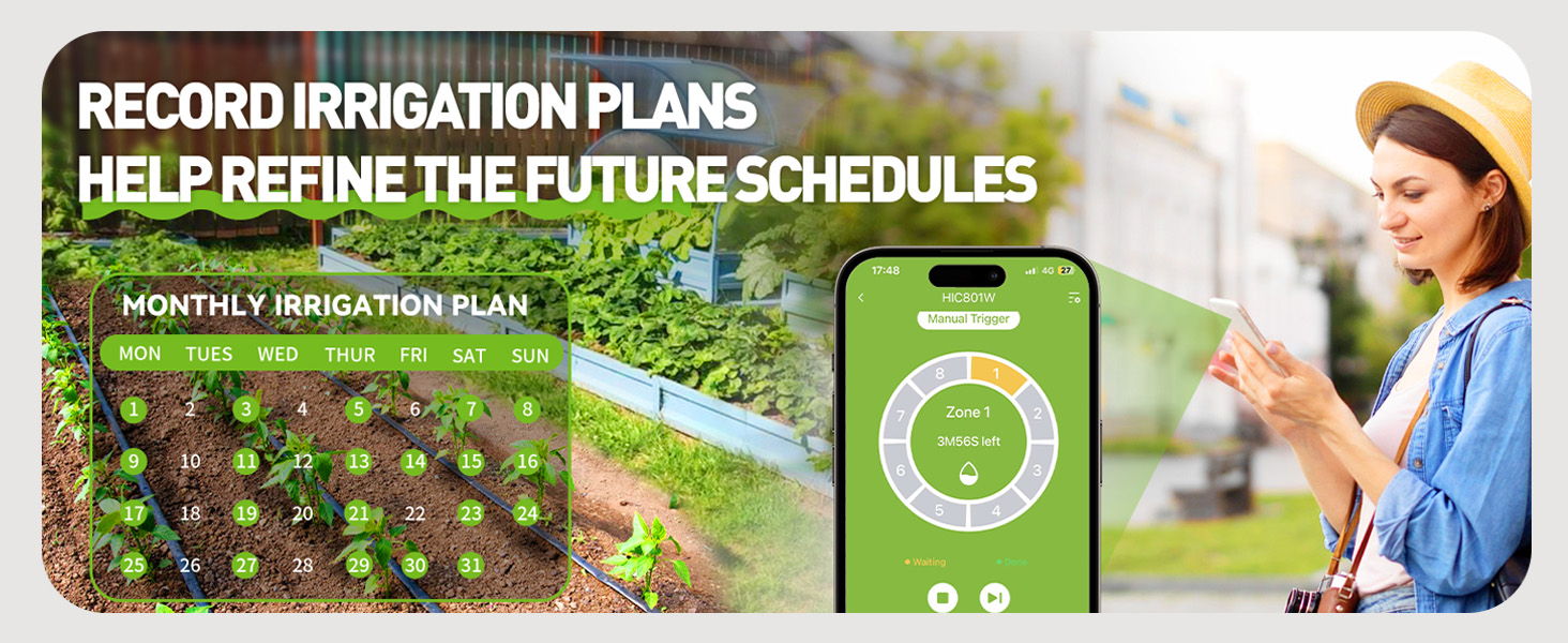 Woman using smartphone in garden to manage irrigation plans and schedules.