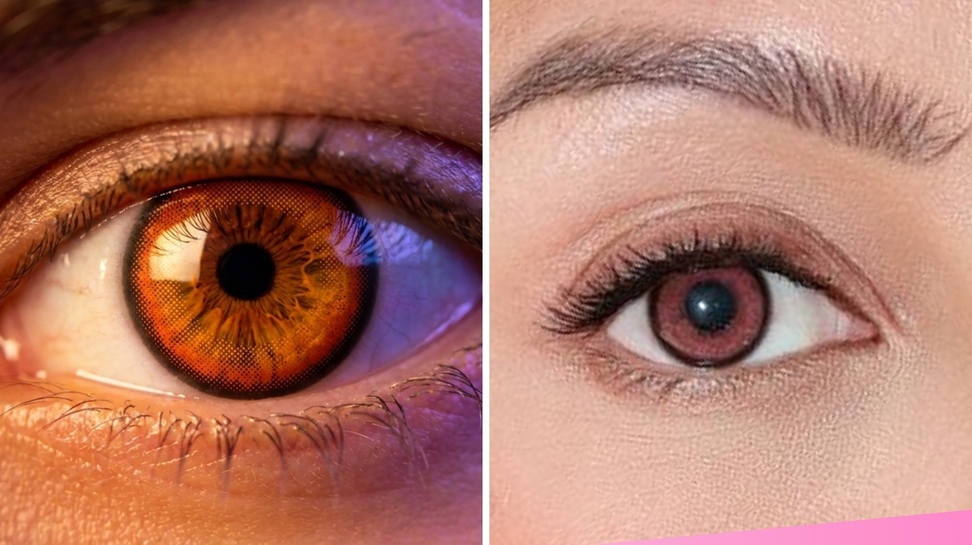 Fire-orange EyeCandys cosplay contact lens close-up for Asmodeus Helluva Boss demon eye transformation