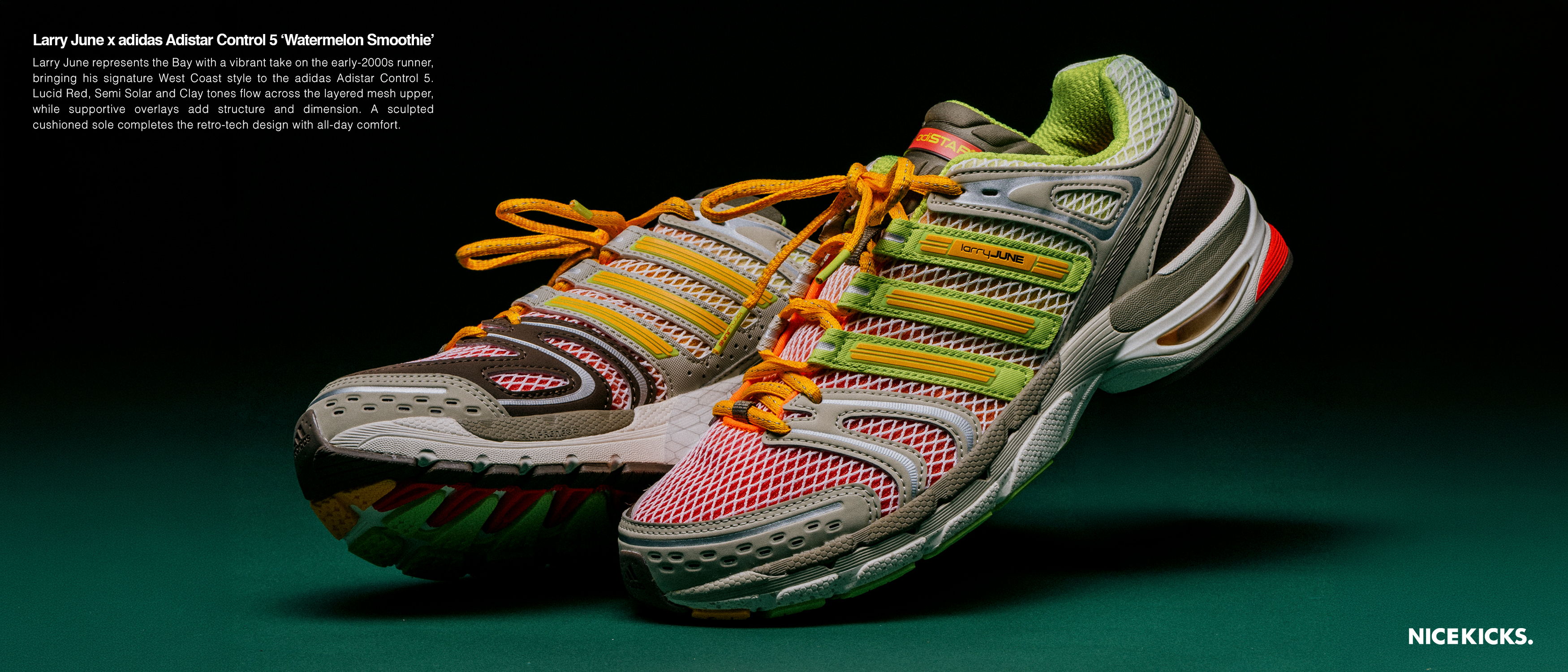 Colorful athletic shoes with yellow laces on a dark green background.