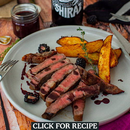 A photo of steak and blackberry sauce; an amazing recipe by Hidden Sea Ambassador Gavin Sutherland