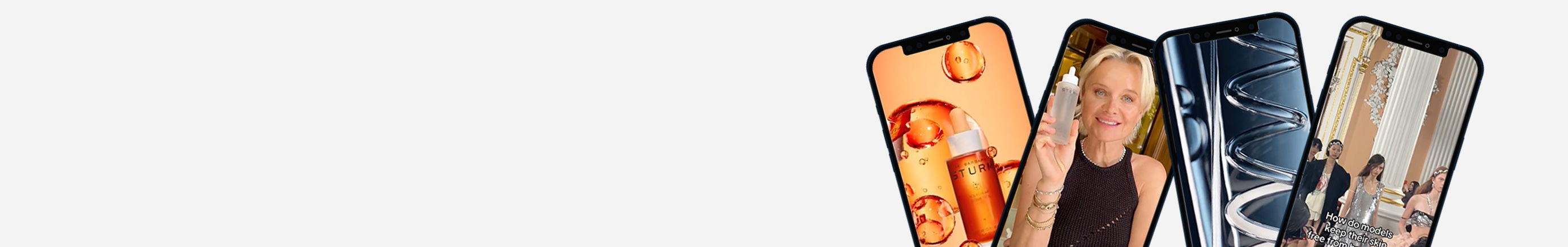 Three smartphones displaying various images on their screens.
