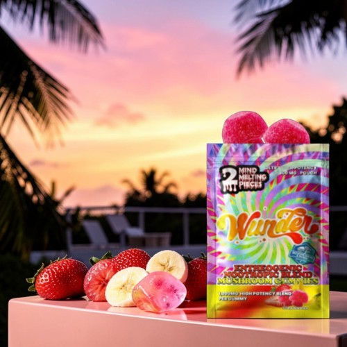 Colorful package of frozen treats with fruits and sunset background.