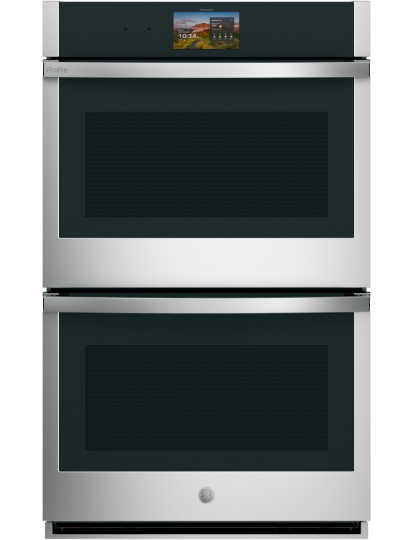 Double oven with stainless steel finish and digital display.