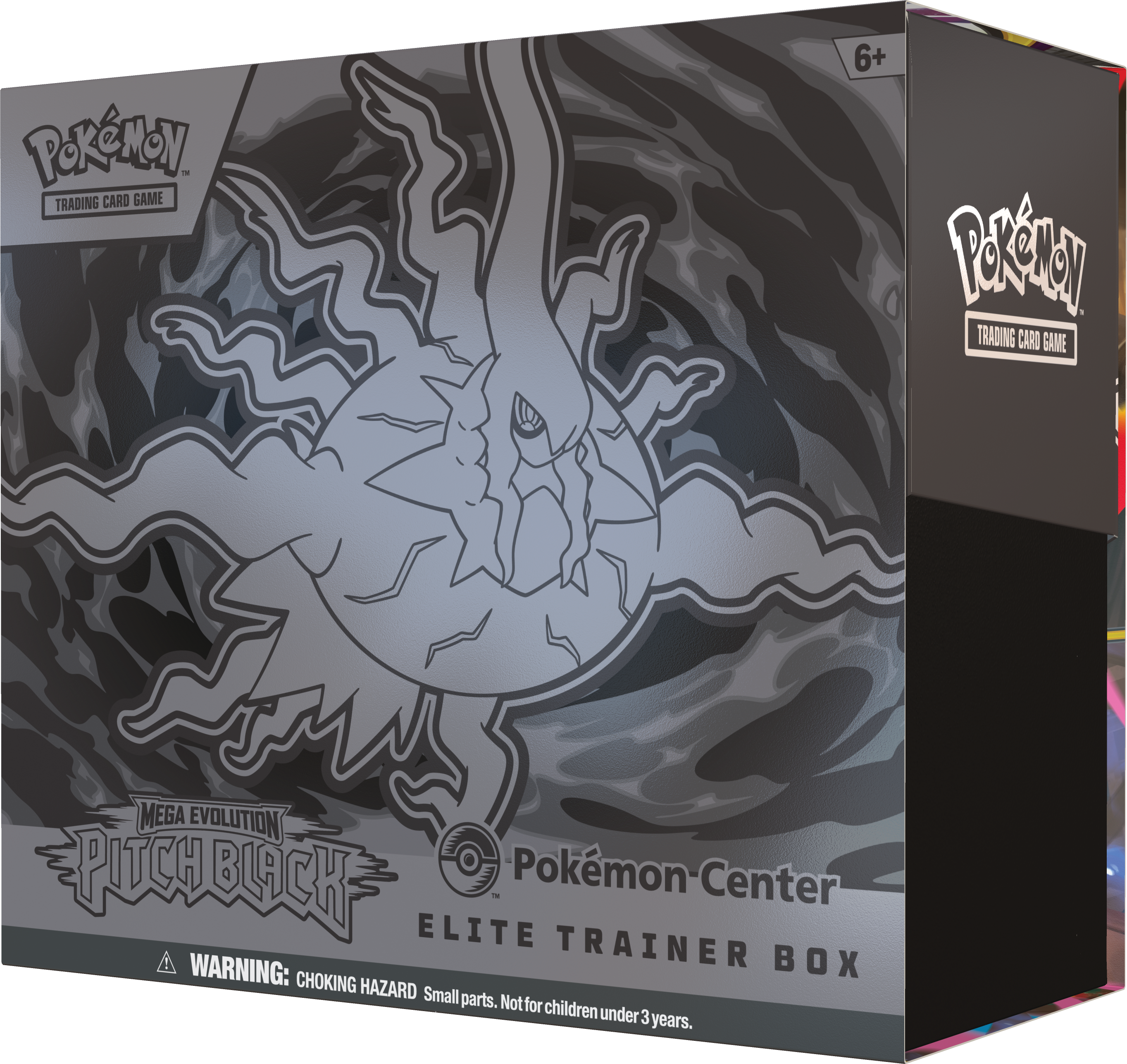 An elite trainer box for the new Pitch Black Pokémon TCG set featuring mega Darkrai.