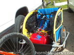 Child trailer interior red HornBlasters air tank black horn trumpets compressor hoses Will's 2011 Sweet Bicycle Shocker XL gallery photo 2