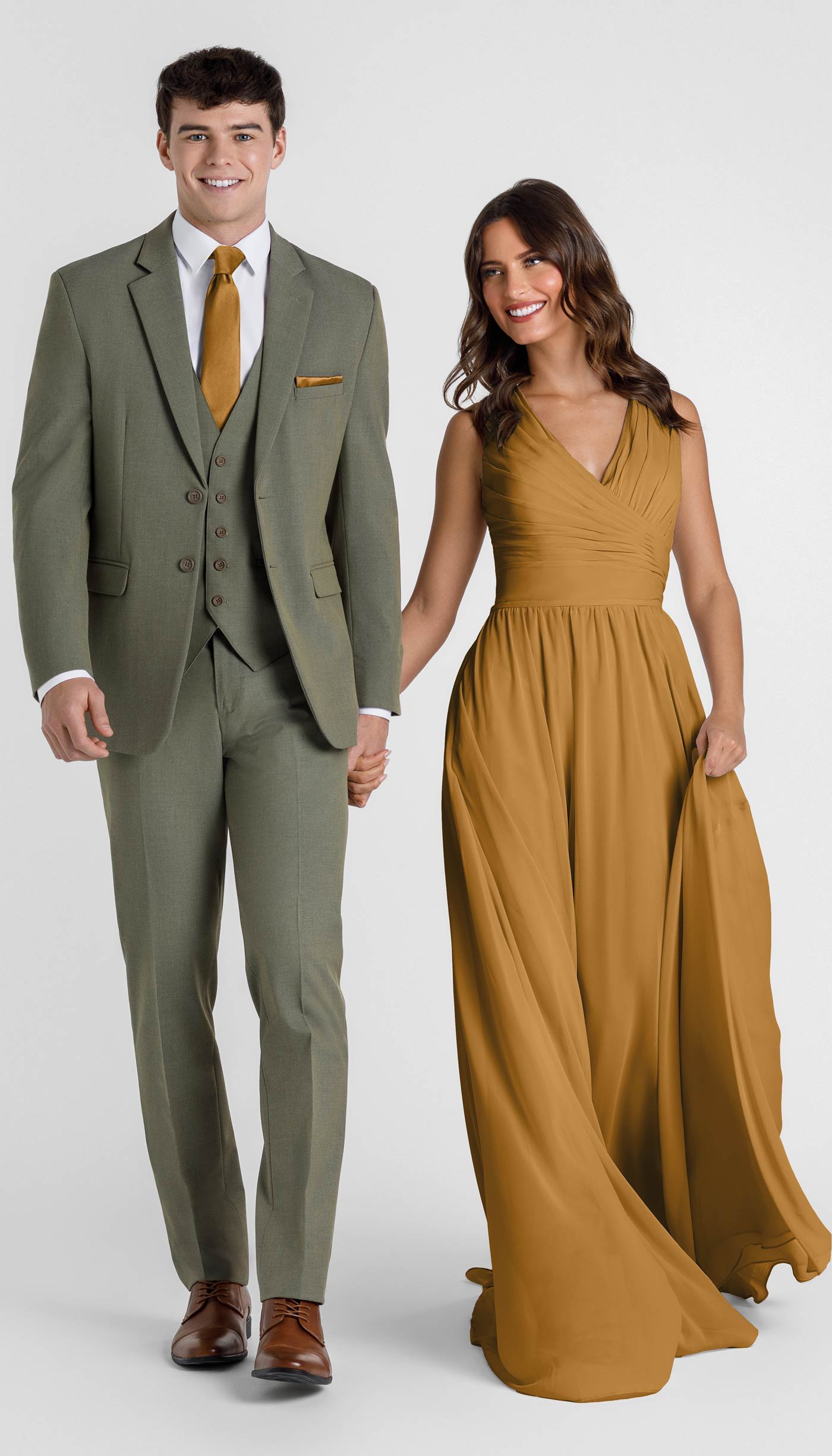 sage suit with mustard yellow bridesmaid dress 