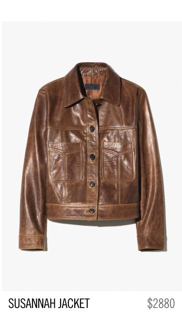 Brown leather jacket with front pockets, labeled 