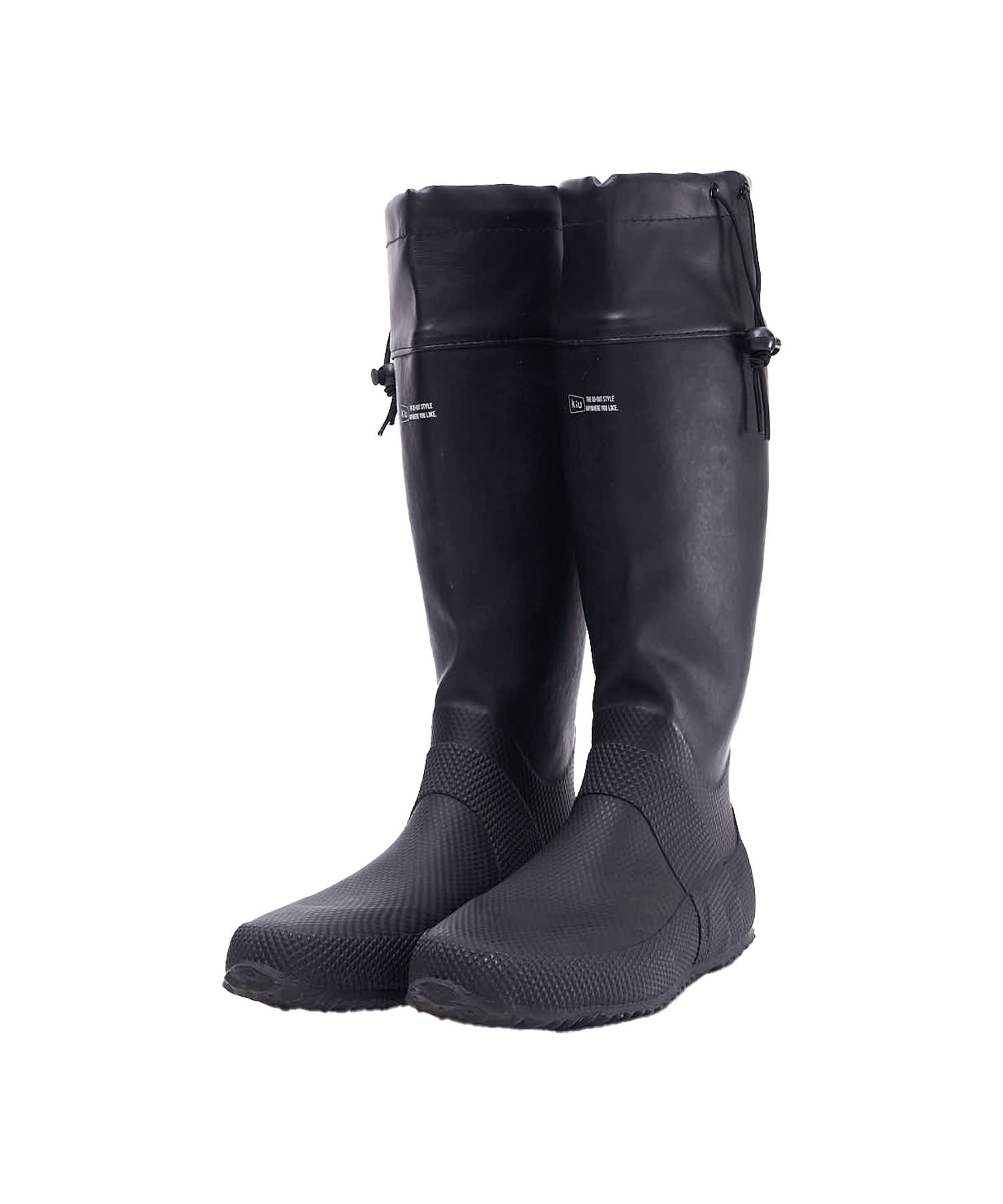 A pair of black rubber knee-high boots.