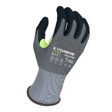 Gray and black protective work glove with logo and safety symbols.