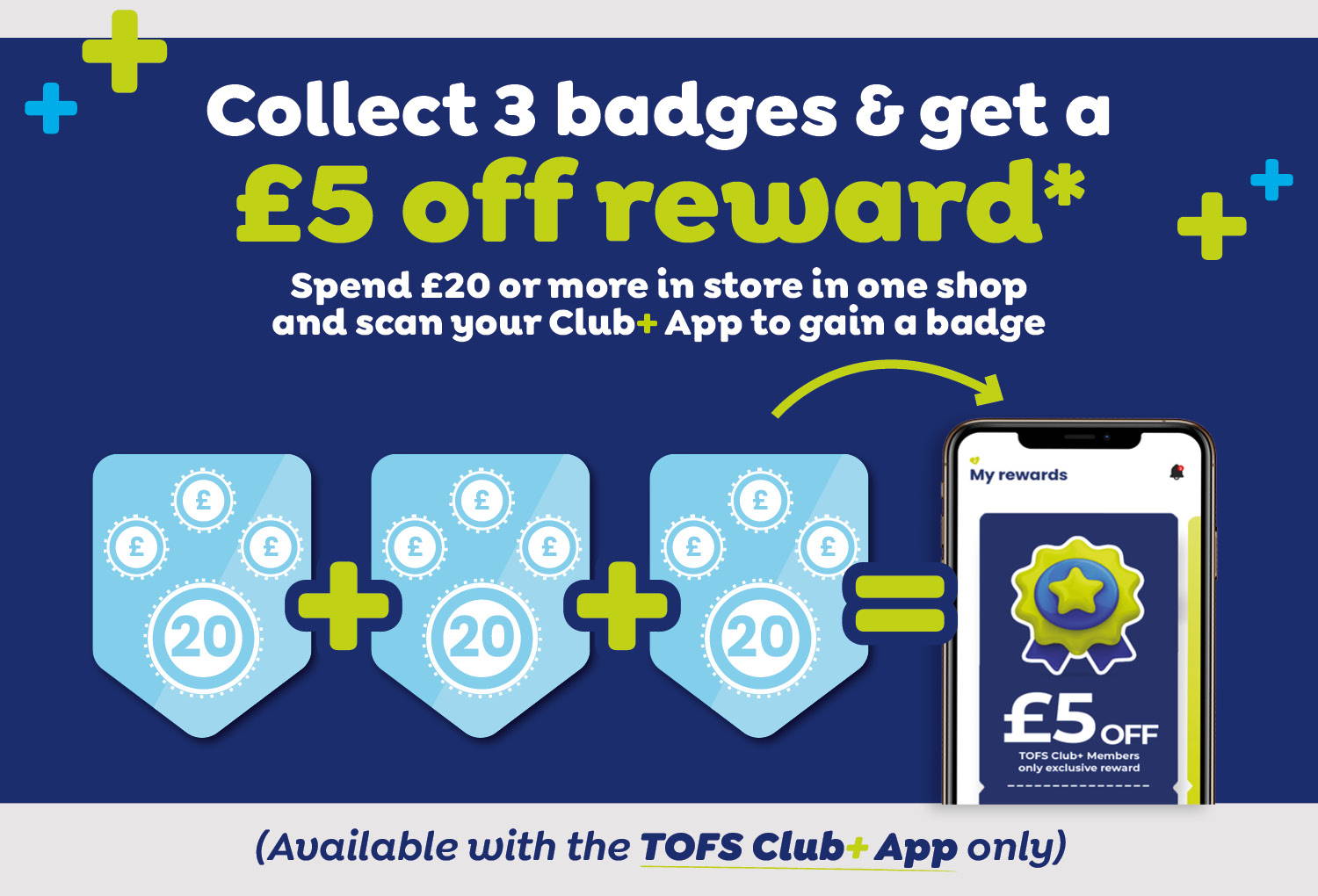 Collect 3 badges & get a £5 off reward*. Spend £20 or more in store in one shop and scan your Club+ App to gain a badge - available with TOFS Club+ App only