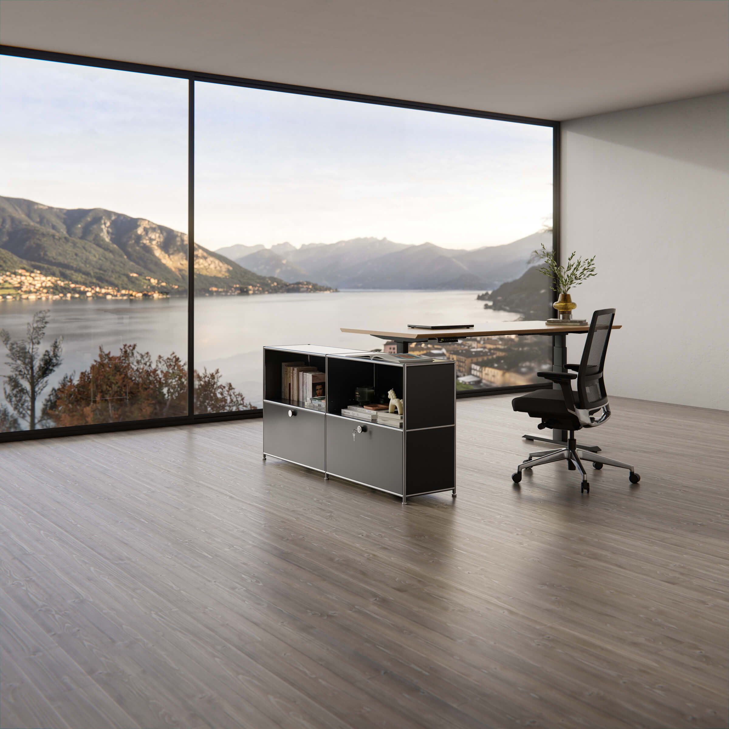 An elegant home office in the Swiss mountains, furnished by ofinto