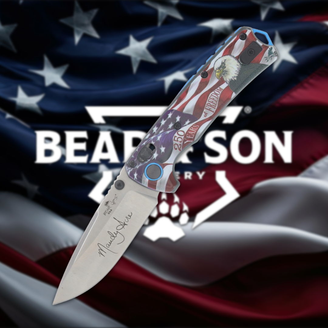 A knife with an American flag design against a flag background.
