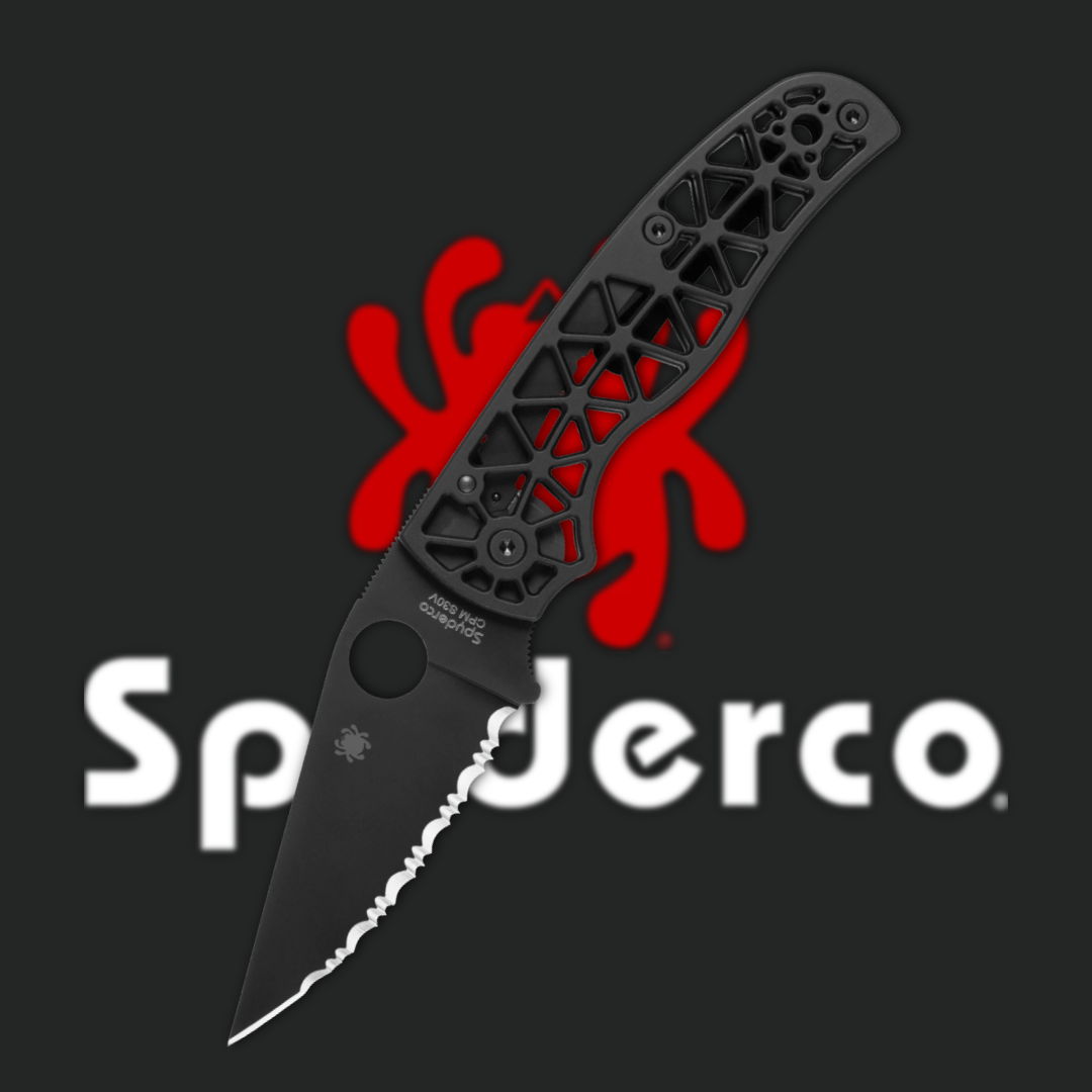 Black folding knife with serrated blade and Spyderco logo in background.