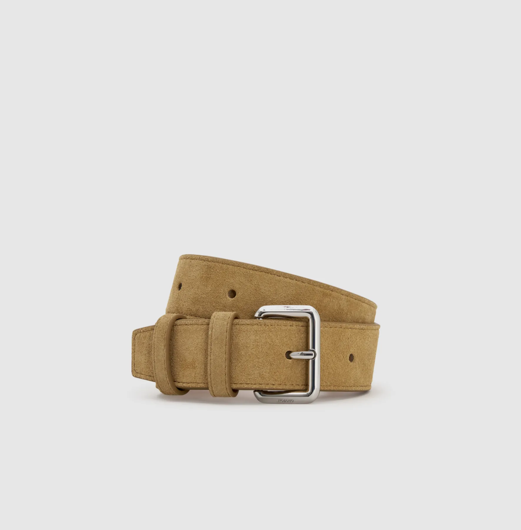 A brown suede belt with a silver buckle on a light background.