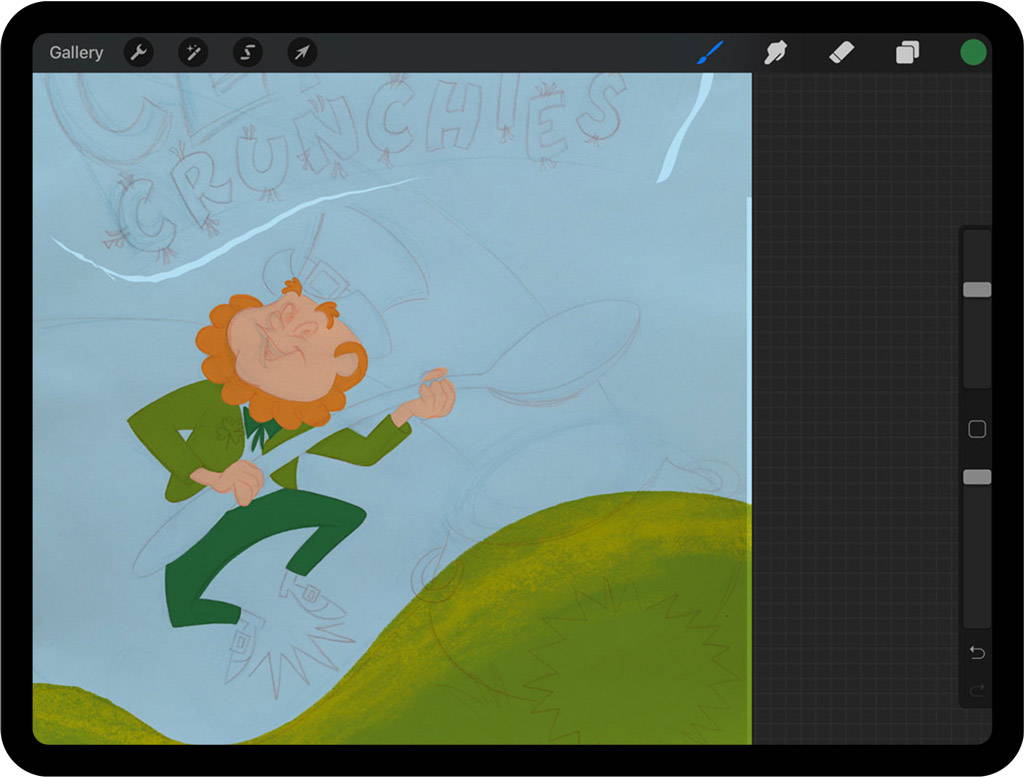 Blocks of color on top of leprechaun sketch in Procreate on iPad