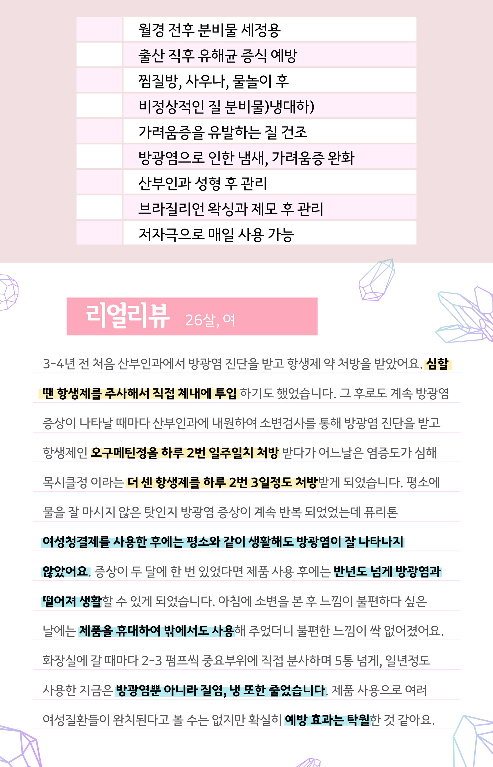 3-4년 전 처음 산부인과에서 방광염 진단을 받고 항생제 약 처방을 받았어요. 심할 땐 항생제를 주사해서 직접 체내에 투입 하기도 했었습니다. 그 후로도 계속 방광염 증상이 나타날 때마다 산부인과에 내원하여 소변검사를 통해 방광염 진단을 받고 항생제인 오구메틴정을 하루 2번 일주일치 처방 받다가 어느날은 염증도가 심해 목시클정 이라는 더 센 항생제를 하루 2번 3일정도 처방받게 되었습니다. 평소에 물을 잘 마시지 않은 탓인지 방광염 증상이 계속 반복 되었었는데 퓨리톤 여성청결제를 사용한 후에는 평소와 같이 생활해도 방광염이 잘 나타나지 않았어요. 증상이 두 달에 한 번 있었다면 제품 사용 후에는 반년도 넘게 방광염과 떨어져 생활할 수 있게 되었습니다. 아침에 소변을 본 후 느낌이 불편하다 싶은 날에는 제품을 휴대하여 밖에서도 사용해 주었더니 불편한 느낌이 싹 없어졌어요. 화장실에 갈 때마다 2-3 펌프씩 중요부위에 직접 분사하며 5통 넘게, 일년정도 사용한 지금은 방광염뿐 아니라 질염, 냉 또한 줄었습니다. 제품 사용으로 여러 여성질환들이 완치된다고 볼 수는 없지만 확실히 예방 효과는 탁월한 것 같아요.